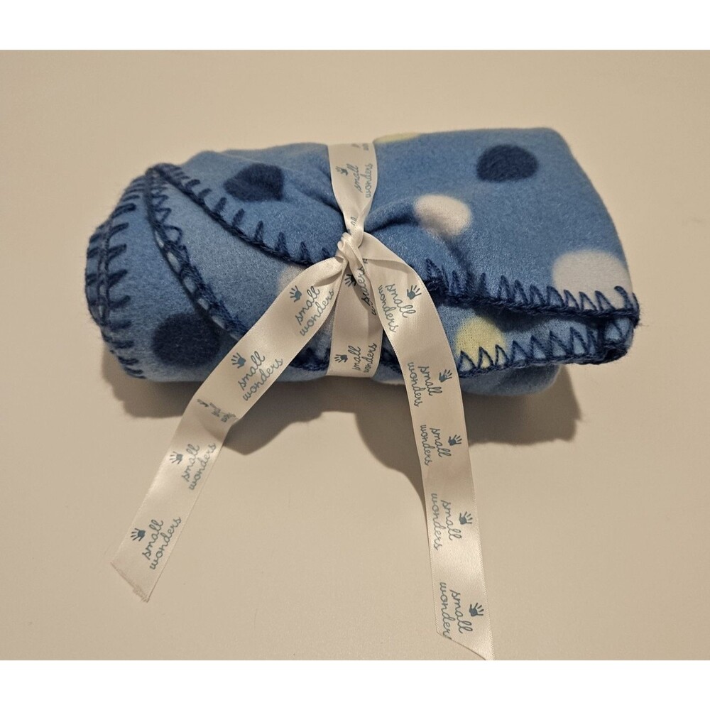 NWT Small Wonders Fleece Blue White Contrast Stitch Polka Dot Baby Blanket